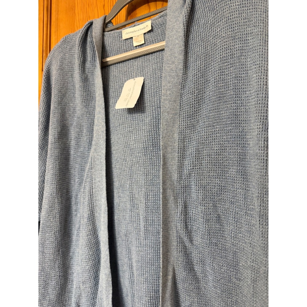 Christopher & Banks Women's XL Blue Waffle Knit Hooded Open Front Cardigan - Picture 2 of 8